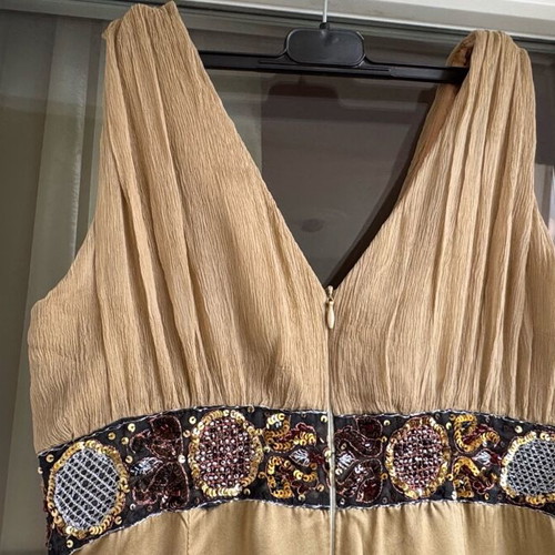 Long silk dress like new, beige and gold with decorative belt