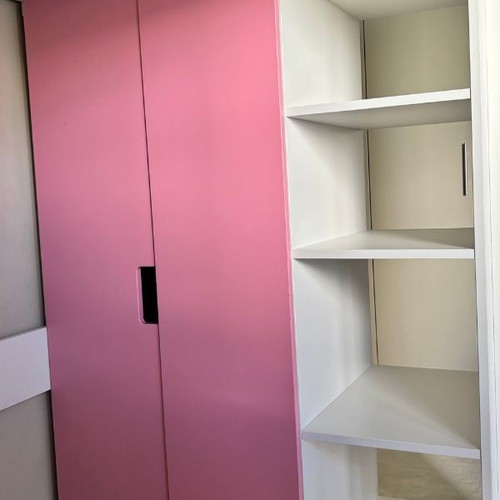 IKEA STUVA loft bed 90x200 with desk, wardrobe & drawers, white-pink