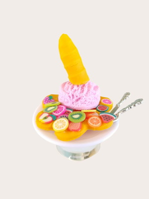 Waffle ring handmade with strawberry ice cream and fruits, polymer clay
