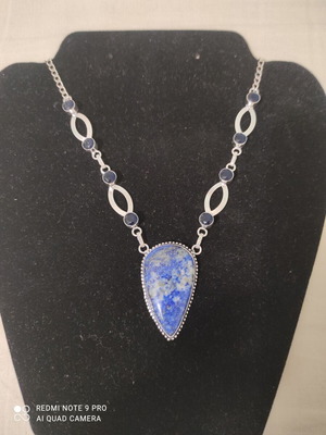 Ethnic silver necklace with lapis lazuli and blue topaz, new, 50 cm chain