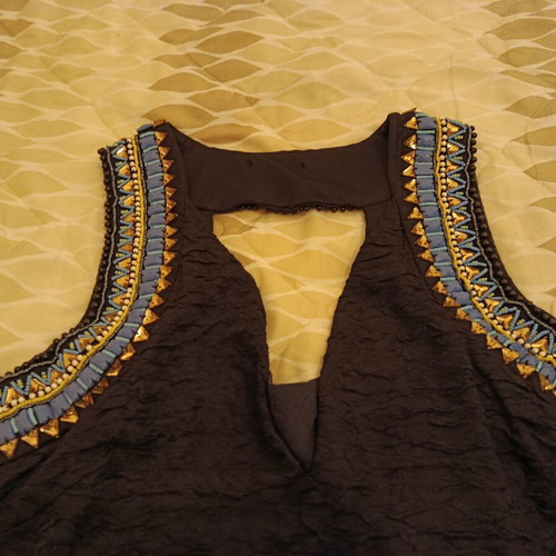 Women's dress black elastic with blue gold beads like new, size L