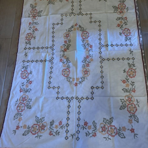 Handmade embroidered tablecloth with lace edging like new