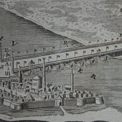 Larissa 1740 engraving used, panorama of Pineios river and mosque bridge