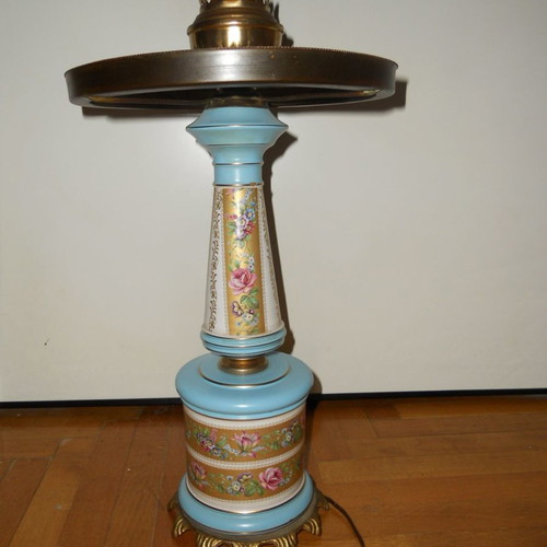 Sevres style Bleu Celeste table lamp used, ceramic and bronze