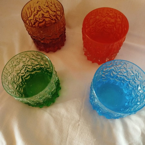 Vintage colored glasses used, set of 4 with embossed texture