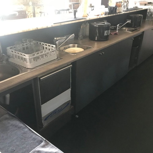 Professional bar and kitchen counter with integrated stainless steel sinks, like new