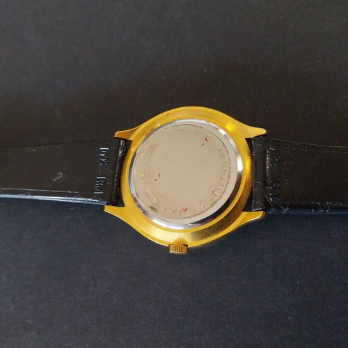 Miraz Swiss vintage men's wind-up watch NOS, gold plated, blue dial, leather strap 38mm