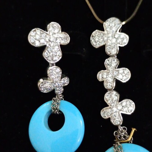 Silver women's jewelry set 925 with turquoise earrings and necklace