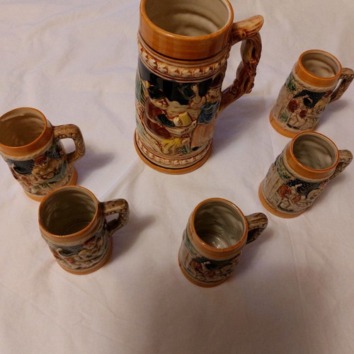 Faience pitcher and glasses set used, pitcher 19 cm, glasses 10 cm