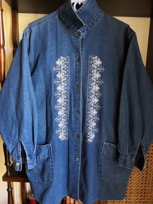 Denim jacket with white floral applique, size L