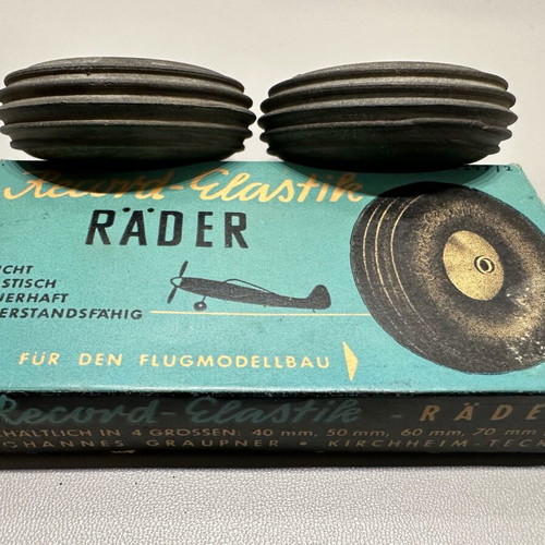 Vintage Record - Elastic model aircraft tires used, Graupner 1960s