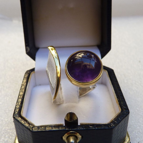 925 Silver Ring with Amethyst, Handmade, 24kt Gold Plated