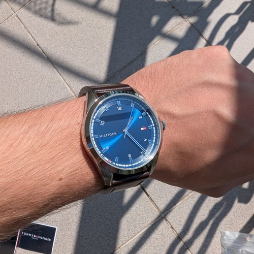 Tommy Hilfiger men's leather watch with blue sunray dial