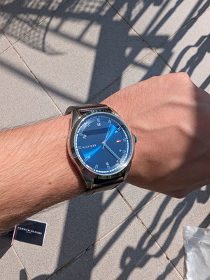Tommy Hilfiger men's leather watch with blue sunray dial