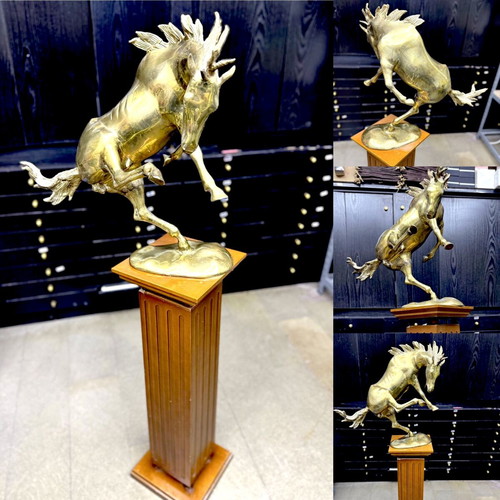 Bucephalus brass sculpture on walnut wood base used