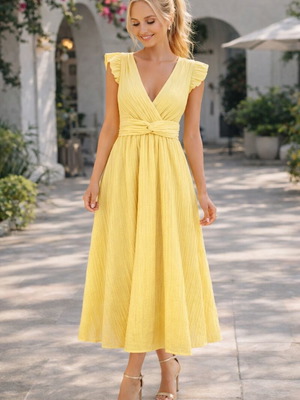 Midi φόρεμα Shein κίτρινο καινούργιο, καλοκαιρινό με V λαιμόκοψη