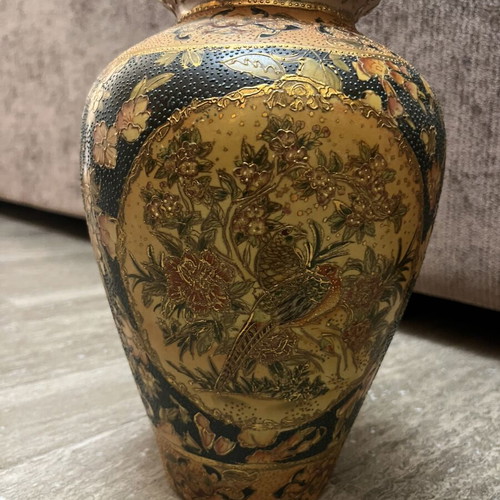 Satsuma Japanese ceramic vase set 1957, 2 pieces with authentic stamps