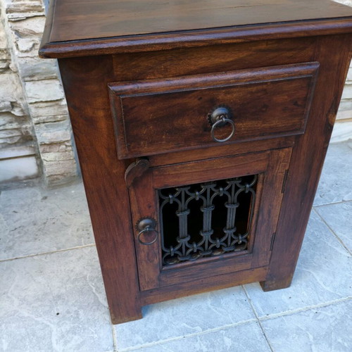 Set of 2 solid wood nightstands with metal details like new