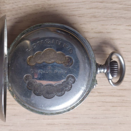 Longines men's pocket watch used, vintage, 9 Grands Prix, silver