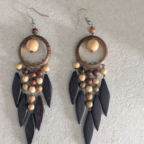 Wooden boho hanging earrings like new made from Thasos olive wood