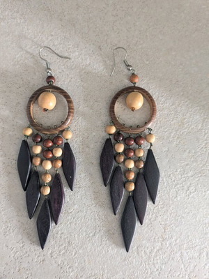 Wooden boho hanging earrings like new made from Thasos olive wood