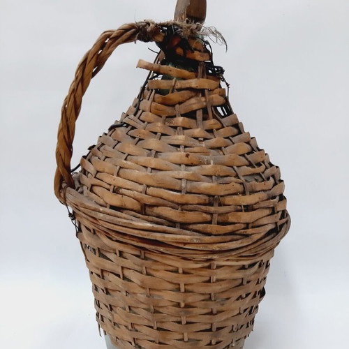 Dame-Jeanne vintage demijohn used, light blue glass with wicker