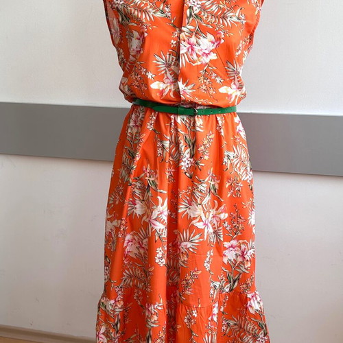Summer orange dress with green leather belt like new