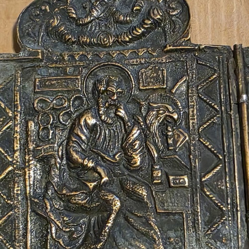 Orthodox cast bronze triptych icon, folk art