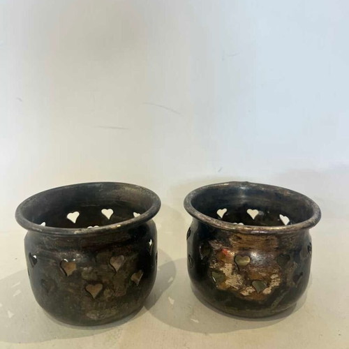 Vintage set of 2 silver-plated tealight candle holders with heart cutouts used