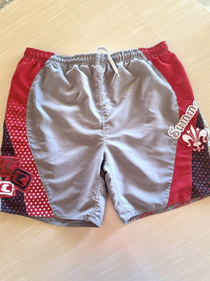 Men's Swim Shorts Large gray and red with patterns and drawstring
