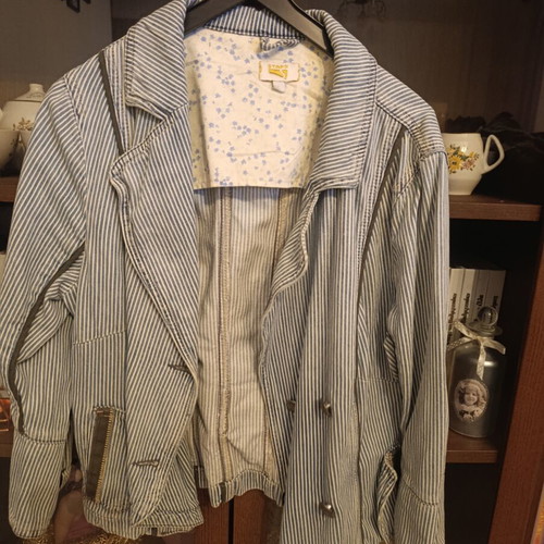 Staff Jeans & Co denim jacket, large, 3/4 sleeve, white and blue