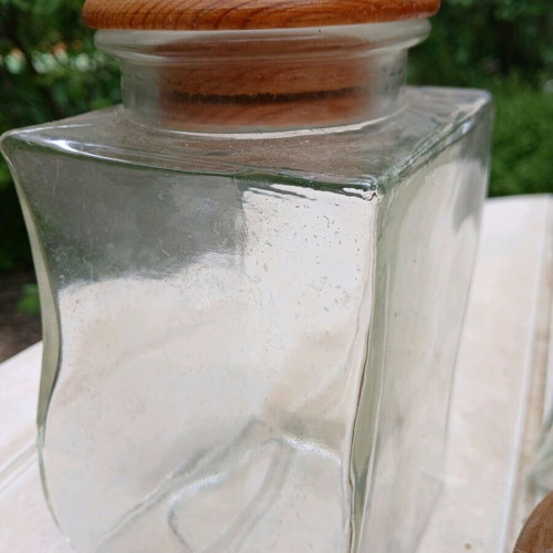 Glass vases like new with wooden lids and cork-topped jar