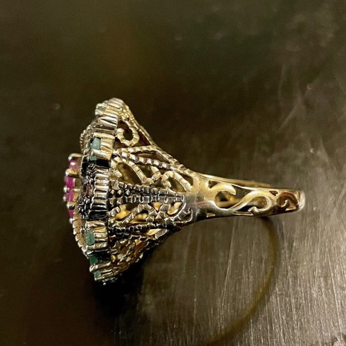 Silver-gold ring like new with emeralds and rose cut diamonds