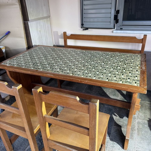 Handmade solid beech wood dining table with mosaic tiles and seating