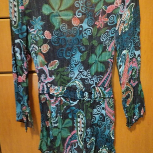 Blouse used, colorful transparent with crossover neckline and lace pattern, size L
