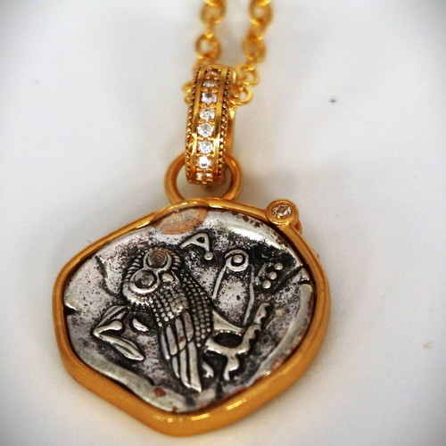 Tetradrachm Athena Owl New Silver Replica Pendant with Chain