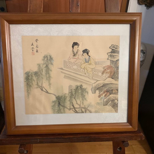 Silk painting used with geishas in wooden frame