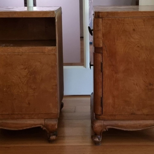Vintage Art Deco nightstands used, walnut veneer, set of two