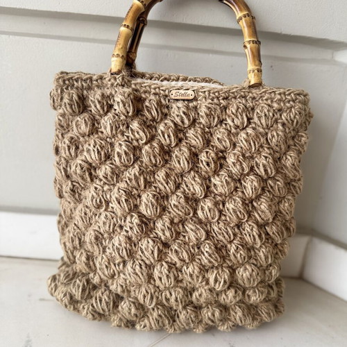 Handmade knitted Stella bag with bamboo handles, like new, beige and brown