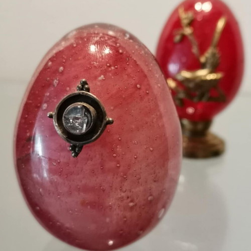 Glass egg set used, vintage decorative with metal details