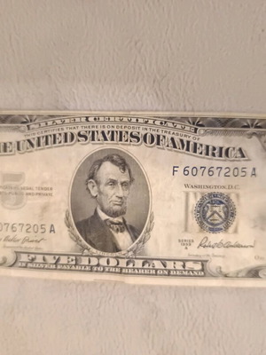5 Dollar America used, 1953 with blue seal and printing defects