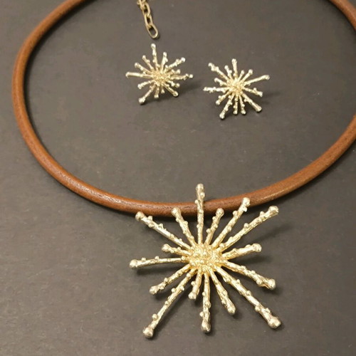 Silver 925 handmade gold-plated set like new with brown leather strap