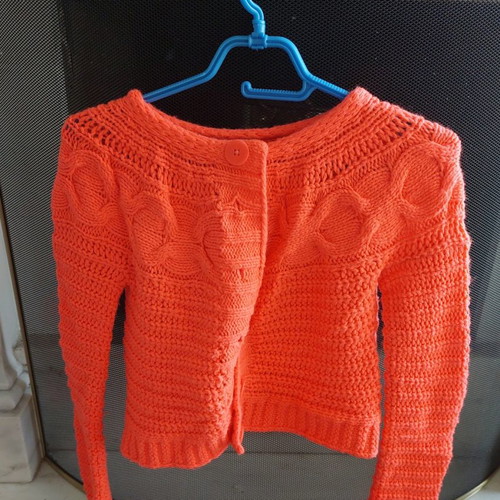 Benetton knitted kids cardigan used, bright coral, size 158 cm