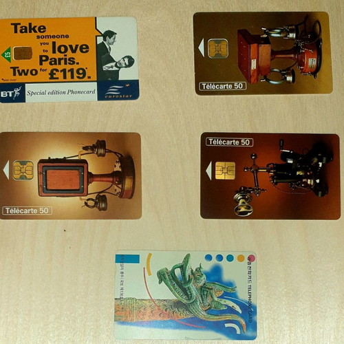 Phone cards used, pack of 5 foreign cards