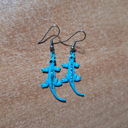 Lizard Earrings steel turquoise with rhinestones like new