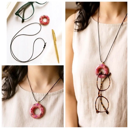 Handmade ceramic necklace with hanging glasses holder, floral apple color