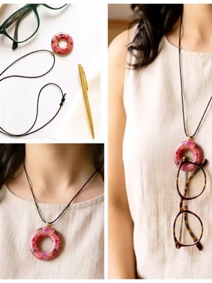 Handmade ceramic necklace with hanging glasses holder, floral apple color