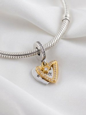 Pandora Double Dangle Shooting Star Hearts Charm new, silver and gold