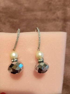 Silver dangling earrings new with pearl, rhinestones and black crystals
