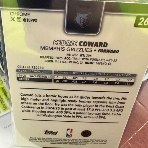 Cedric Coward RC 2025 Topps Chrome NBA card like new